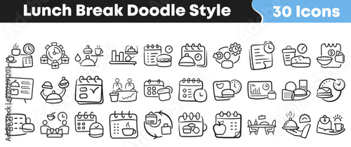 Canvastavla Set of thirty hand drawn lunch break icons in doodle style