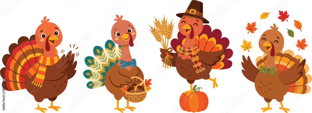Obraz premium Cute thanksgiving turkey birds vector cartoon character set, with pilgrim hat pumpkins and autumn leaves