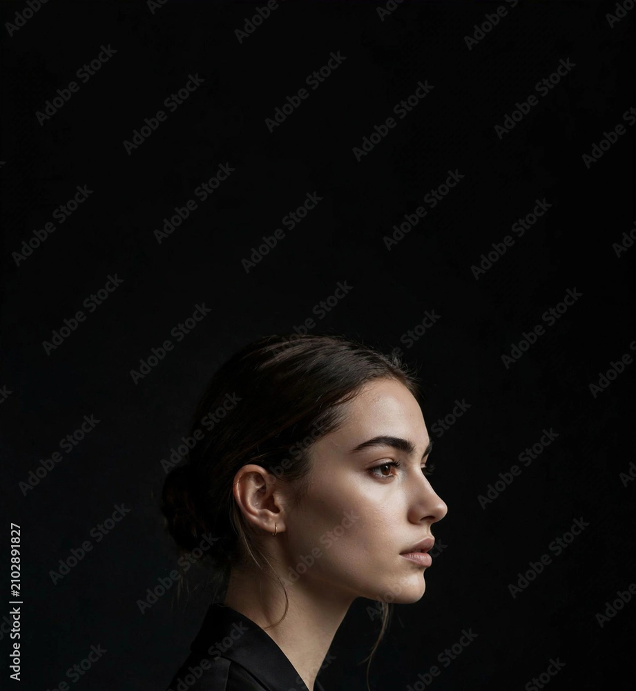 Fototapeta premium Minimalist young woman portrait with thoughtful expression and dark background