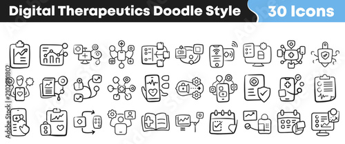 Fotografie Hand drawn collection of digital therapeutics icons in doodle style