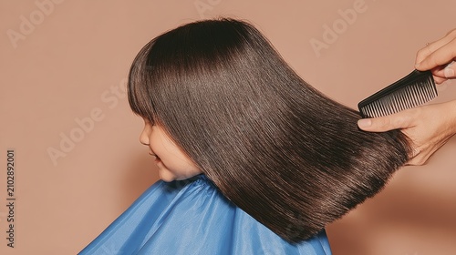 Child haircare session with smooth straight hair and blue salon cape