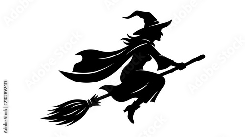 Photography Helloween Halloween witch silhouette flying on broomstick, black sorceress vecto