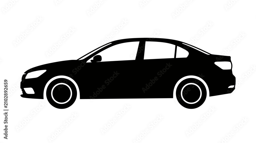 Fototapeta premium Helloween Modern sedan car silhouette vector, black automotive profile icon, sleek passenger vehicle side view for transportation and logistics design vector