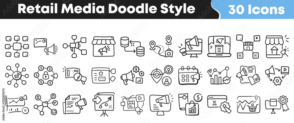 Naklejka premium Set of thirty hand drawn retail media icons in doodle style