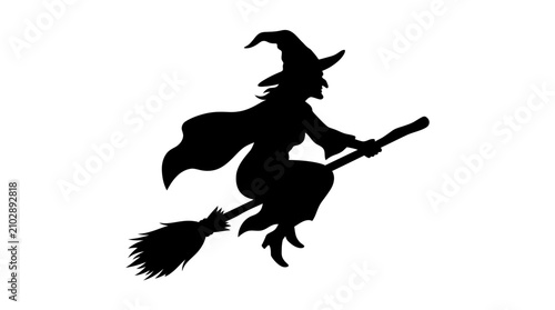 Tablou pe pânză Helloween Halloween witch silhouette flying on broomstick, black sorceress vecto