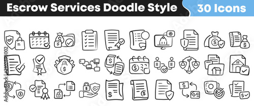 Tableau sur toile Set of thirty hand drawn escrow services icons in black ink