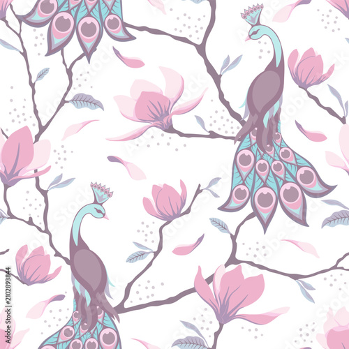 Vector seamless pattern of magnolia flowers, branches and peacocks. Romantic elegant background.