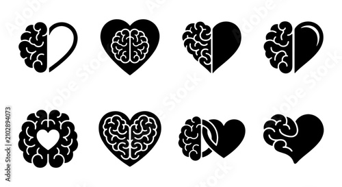 Fényképezés Heart Brain Icons Set: Logic vs Emotion, Rationality, Love, Psychology, Dualism,