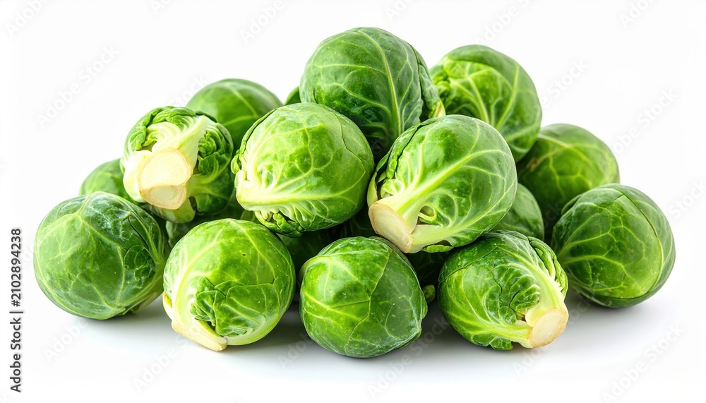 Fototapeta premium A heap of fresh green Brussels sprouts on white background, culinary ingredients, vegetable variety.