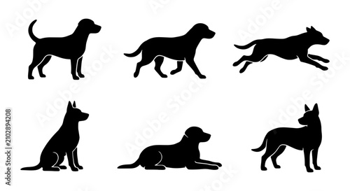 Принти на полотні Six Black Dog Silhouettes, Canine Poses Vector Set, Animal Graphics for Pet Love