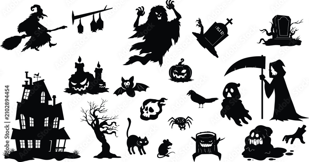 Obraz premium Set of black spooky Halloween silhouette icons featuring a haunted house, witch, ghost, and graveyard elements
