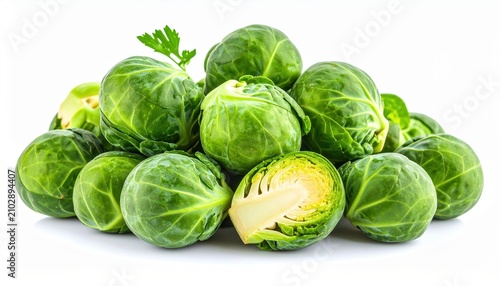 A heap of fresh green Brussels sprouts on white background, culinary ingredients, vegetable variety.