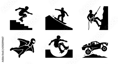 Foto Extreme Sports Icons Set: Skateboarder, Snowboarder, Climber, Wingsuit Flyer, Of