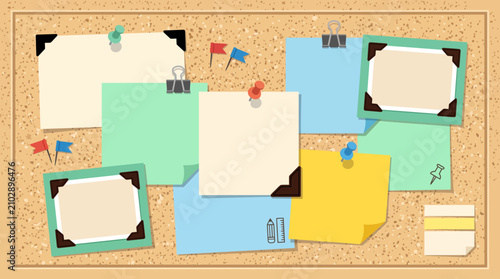 Blank Cork Board with Colorful Sticky Notes and Pinned Papers for Planning