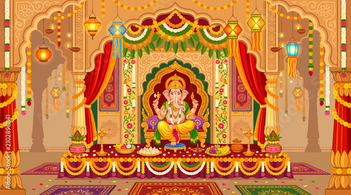 Traditional Indian decoration with Lord Ganesha idol for festive spiritual celebration