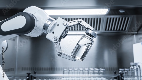 A robotic arm with a mechanical claw holding a clear glass vial in a sterile laboratory environment.
