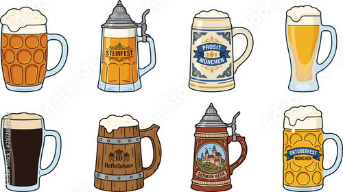 Tableau sur toile Set of beer mug and stein illustrations, featuring various traditional German, w