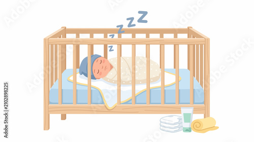 Baby Sleeping Peacefully in Wooden Crib with Swaddle and Nursery Essentials