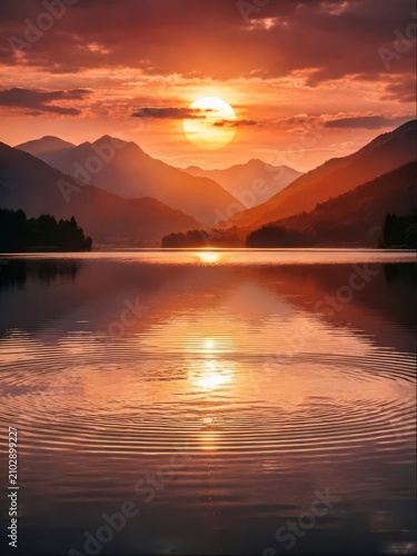Hyperrealistic Orange Light Lake Mountain Sunset with Mirror Lake Surface and Orange Red Sky Serene Distant Dusk Background