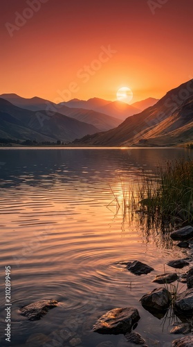 Hyperrealistic Orange Light Lake Mountain Sunset with Mirror Lake Surface and Orange Red Sky Serene Distant Dusk Background