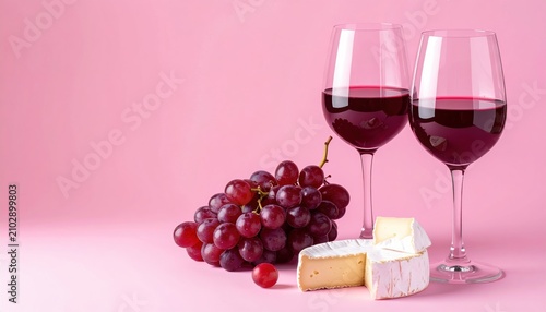 Red wine glasses, bunch of grapes and camembert cheese on pink background, aesthetically pleasing food photography.