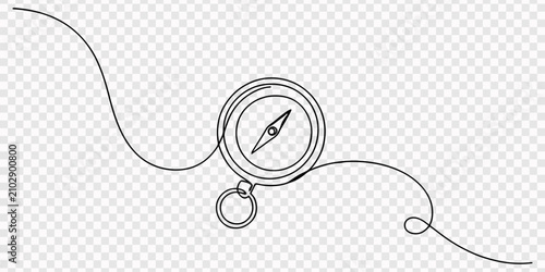 Pocket compass with directional wind rose in continuous one line drawing style, One continuous line drawing of traveller compass, Continuous Line Drawing of Compass Icon. one line Art icon drawing 