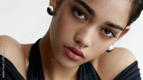 Beauty editorial close up young woman portrait flawless skin natural makeup soft lighting neutral background fashion elegance silver earring detail intense eye contact sensual mood