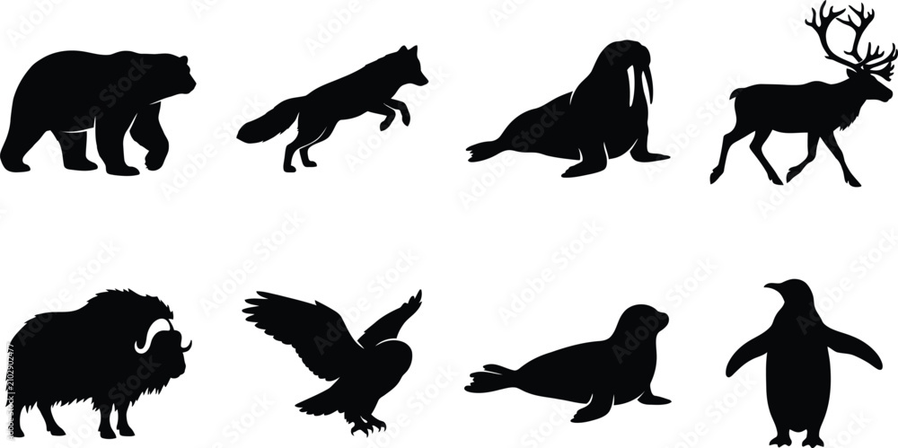 Fototapeta premium Arctic and Polar Animal Silhouettes Featuring Bear, Wolf, Walrus, Reindeer, Musk Ox, Owl, Seal, and Penguin