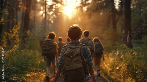 Children hiking through a sunlit forest trail during summer camp adventure with backpacks at golden hour
