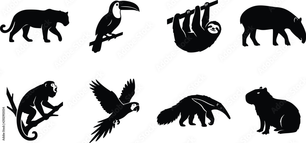 Obraz premium Rainforest Animal Silhouettes Collection Featuring Jaguar, Toucan, Sloth, Tapir, Monkey, Parrot, Anteater, and Capybara