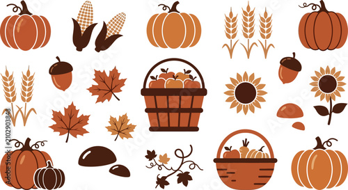 фотографія Autumn harvest collection pumpkins corn wheat apples sunflowers and acorns fall
