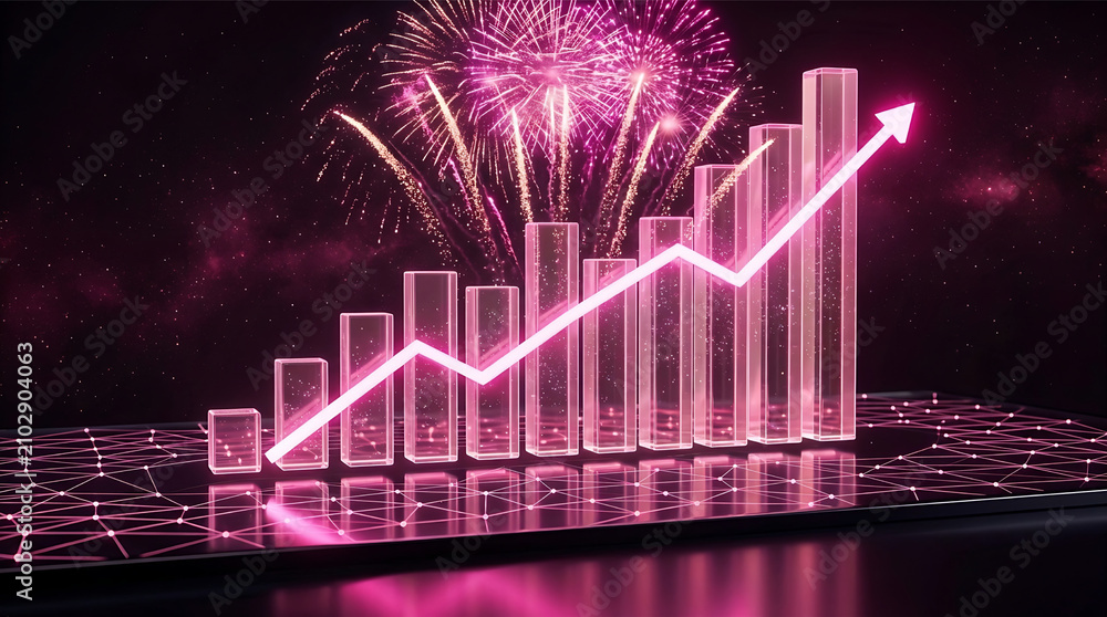 Naklejka premium Pink neon financial growth chart with arrow. Business success graph with fireworks display. Glowing 3d stock market profit arrow background.