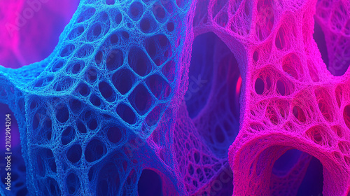 3D render of battery electrode nanomaterial structure. High-tech energy storage innovation with glowing conductive fibers and porous framework.