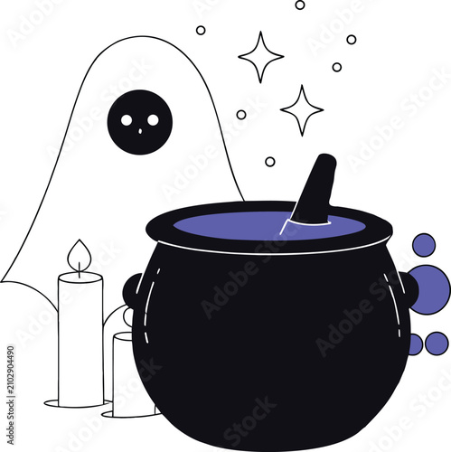 Web Halloween witch cauldron with bubbling potion and smoke. Spooky magic brew kettle with mystical vapor and glowing purple liquid for dark fantasy ri...