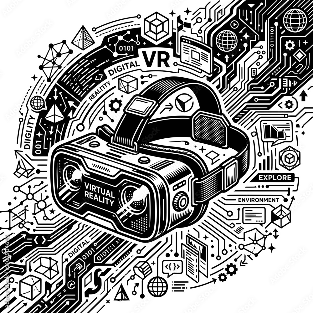 Obraz premium Person wearing VR headset in futuristic digital workspace. Immersive virtual reality gaming and metaverse technology experience.