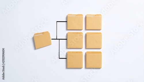 Hierarchical file folders connected by lines, symbolizing organization, categorization, and structured data systems.
