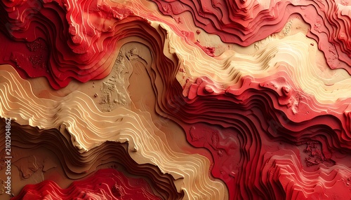Abstract Topographic Map Design in Vibrant Red and Golden Yellow Layers.