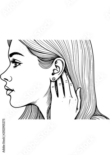 Profile of a young woman touching her ear with a thoughtful expression in a minimalistic style