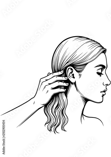 Woman posing with serene expression while adjusting her hair, minimalist line art background