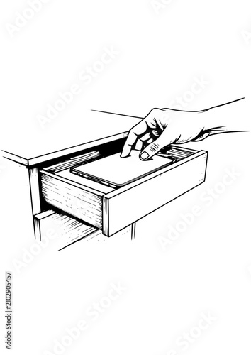 Hand reaching for a document in a drawer, minimalistic style, black and white illustration
