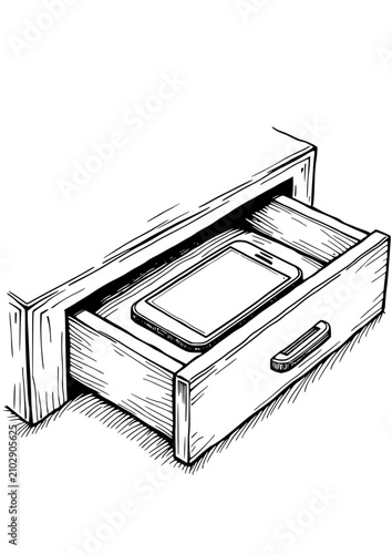 Mobile phone in drawer illustration, minimalistic style, black and white design, copy space
