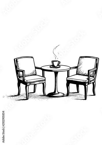 Two chairs and a table with a coffee cup, minimalist style on a white background
