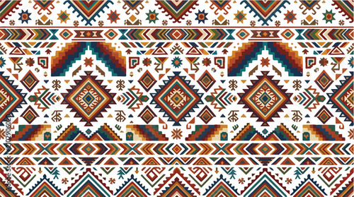 Seamless ethnic tribal pattern with geometric shapes and traditional motifs in warm earthy tones of terracotta blue and ochre perfect for textile design and cultural backgrounds