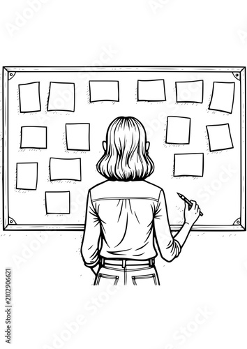 Woman brainstorming ideas in front of a whiteboard with sticky notes, focused expression
