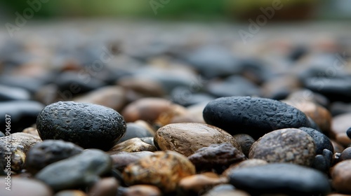 ro detail shot of wet pebbles and rocks reflecting water emphasizing natural texture and simplicity