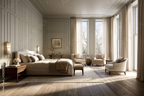Modern bedroom with big windows & light