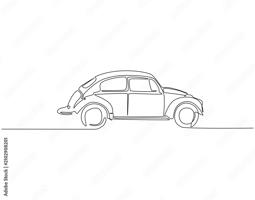 Naklejka premium Continuous one line drawing of old vintage car. One line drawing illustration of old car. Retro vehicle, vintage automobile concept single line. Editable outline