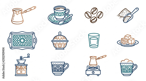 Foto Collection of Turkish Coffee Making and Serving Utensils and Ingredients