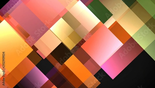 Abstract geometric pattern of overlapping translucent colored squares.