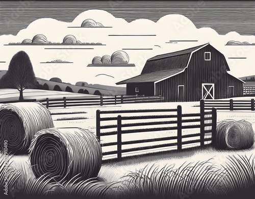 rustic farm scene with hay bales wooden fence and old barn in black and white